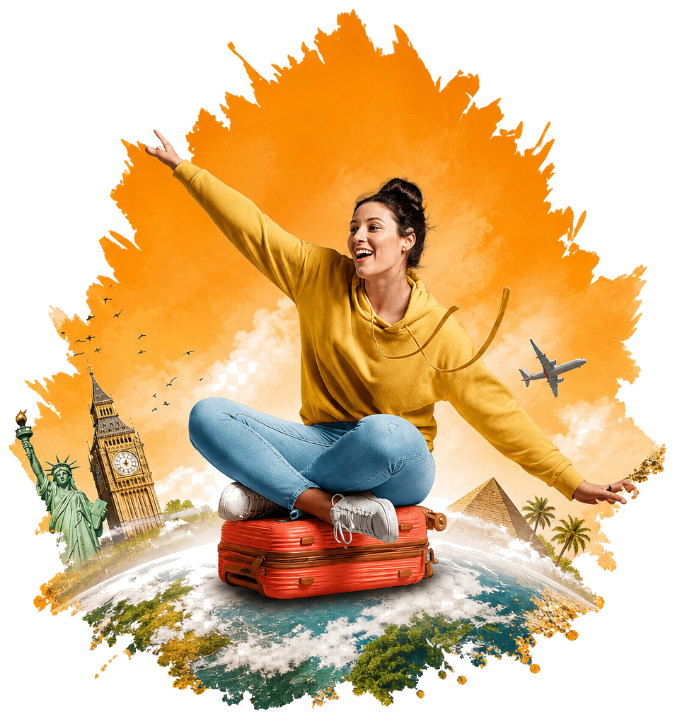 Traveler celebrating a journey around the world